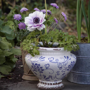 欧式陶艺花器粗陶做旧青花，圆口方口花盆阳台花园庭院陶盆