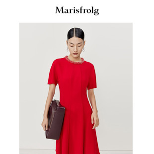 小香风玛丝菲尔春领口钉珠设计红色连衣裙年会礼服裙