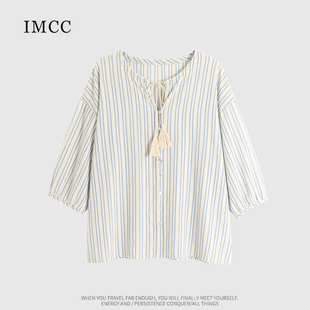 IMCC设计感小众法式减龄提花条纹中袖衬衫女宽松显瘦流苏棉麻上衣