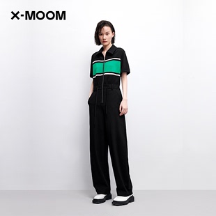 商场同款X--MOOM夏季复古拼色翻领收腰垂感拉链连体裤女