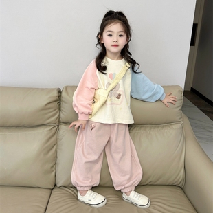 韩国童装女童春秋套装，春季甜美可爱小童撞色两件套肩袖卫衣潮