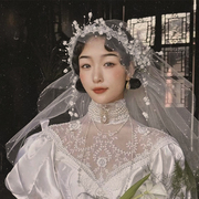 喜看原创法式复古铃兰花瓣包头头纱，新娘结婚白纱，礼服旅拍跟妆饰品