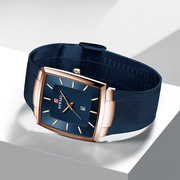  商务男表士手表石英表网蓝带日历方形不锈钢9mm普通国产腕表