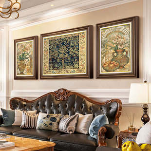 美式客厅三人沙发财运，挂画壁画大芬油画欧式沙发，背景墙的大气复古