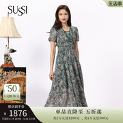 sussi古色23夏绿色(夏绿色，)雪纺v领短袖高腰印花连衣裙女