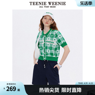 teenieweenie小熊夏季清新格纹翻领套头短袖，毛衣针织衫女