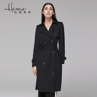 海尔曼斯黑色中长款风衣高级感外套女双排，扣休闲通勤系带大衣外搭