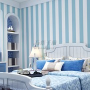 儿童房壁纸男孩卧室背景墙蓝色，地中海风格墙纸现代简约蓝白竖条纹