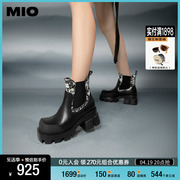 MIO米奥2023年冬季英伦风方头拼色高跟户外靴加绒酷感切尔西女靴