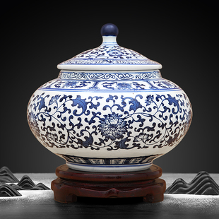 景德镇陶瓷器茶叶罐仿古青花瓷半斤带盖家用储存罐，复古新中式摆件
