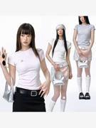 Curriges纯棉 2024夏季美式复古白色圆领打底衫印花短袖T恤女