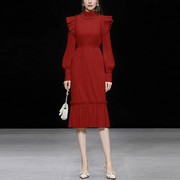 秋装女装2023气质红色，立领修身收腰显瘦荷叶，边连衣裙长裙裙子