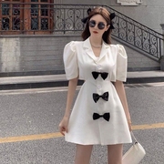 西装连衣裙女蝴蝶结泡泡袖白色短袖裙子2024夏季法式复古短裙
