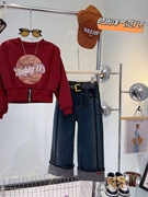 秋冬季女童韩版圆领设计感拉链字母洋气外穿印花卫衣牛仔裤套装潮