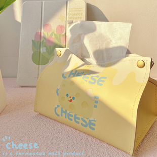 原创芝士纸巾盒黄色可爱芝士起司餐桌客厅抽纸盒PU皮ins纸巾套