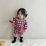 INS韩国童装秋冬季宝宝针织毛衣套装婴幼儿灯笼袖格子上衣+短裤子