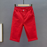 欧洲站弹力牛仔半裤女薄2021夏季高腰修身显瘦红色直筒五分裤