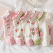 春夏薄款日系可爱粉色木耳花边，袜子女短袜，浅口甜美学院风镂空网袜