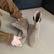 磨砂真皮短筒靴女靴子，2023年秋冬季单靴低粗跟复古套筒时装靴