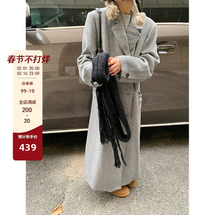 小众表妹韩系长款羊毛呢大衣女冬季西装，领韩版通勤小个子外套
