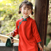 儿童旗袍女童红色中国风礼服，宝宝长款中式连衣裙春秋款古风童装