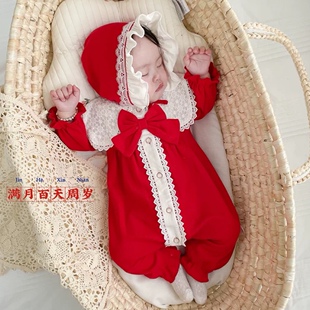 韩版婴儿衣服红色春秋冬装，新生儿满月百天宴礼服，女宝宝周岁连体衣