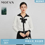 MOFAN摩凡甜美黑白花纹针织衫女春秋都市学院风蝴蝶结显瘦毛衣