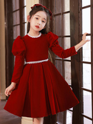 儿童礼服公主裙女童钢琴演奏演出服花童小主持人长袖晚礼服红色冬