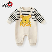迪士尼正版婴儿连体衣，小熊条纹背带，假两件衣服新生儿服装