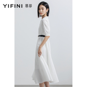 Yifini/易菲五分袖宽松中长款连衣裙女春夏收腰纯棉裙子