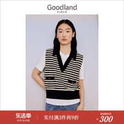 Goodland美地女装2023秋季黑白条纹针织背心含羊毛海鸥领马甲