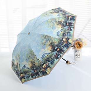 欧美蓝天白云创意复古雨伞双层折叠韩国油画遮阳伞太阳伞防紫