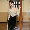 中式改良旗袍过年战袍拼接蕾丝墨绿色长裙长袖丝绒性感连衣裙