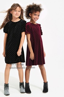 英国Next女童大童新年黑色酒红色丝绒连衣裙礼服152-254