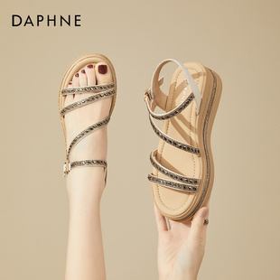达芙妮露趾凉鞋，女款2024夏季时尚水钻，厚底坡跟一字扣带罗马鞋