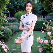 棉年轻白色旗袍2024青花优雅高端少女夏季时尚，改良连衣裙夏装