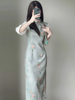 新中式国风素雅倒大袖，旗袍2023秋季年轻款少女绿色清新连衣裙