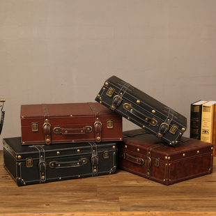 欧式复古手提箱储物木，箱子收纳箱老式皮箱，旅行摄影道具杂物整理箱