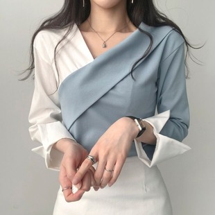 韩国chic秋季减龄复古气质拼接撞色小众设计感打底衫露肩上衣女