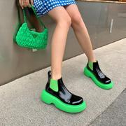 鞋女绿色靴子松糕厚底增高中跟短筒亮皮真皮女靴坡跟短靴单靴 FD