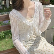 夏季日系甜美镂空蕾丝木耳花边薄款长袖宽松系带开衫外套上衣