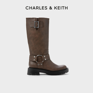 charles&keith秋冬女靴，ck1-90360391复古皮带扣，中筒骑士西部靴女