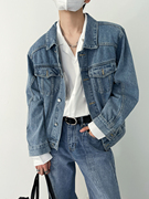 sf春韩风时髦男生蓝色牛仔衣外套复古水洗短款垫肩夹克上衣