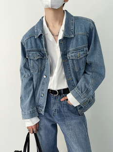 SF/春韩风时髦男生蓝色牛仔衣外套复古水洗短款垫肩夹克上衣