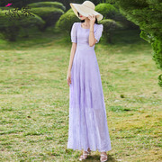 紫色雪纺绣花连衣裙，长款2024夏季收腰气质，减龄到脚踝大摆长裙