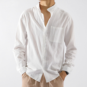 夏季亚麻衬衫男长袖，修身休闲薄款纯色日系复古工装春秋季棉麻衬衣