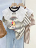 女童夏款蕾丝娃娃领短袖T恤2024条纹印花卡通夏季中大童上衣