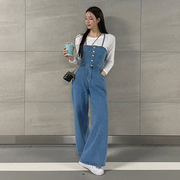 韩国女装m2024春季纯色水洗，磨白单排扣吊带喇叭，腿连体牛仔裤