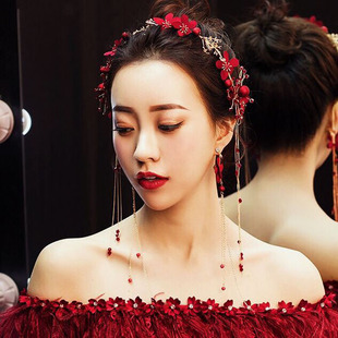 韩式中式红色短发新娘发箍发带，头饰耳环头花，敬酒服婚纱配饰发饰