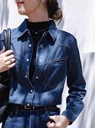美式复古时髦深蓝色牛仔衬衫外套，女秋冬长袖，宽松丹宁衬衣叠穿上衣